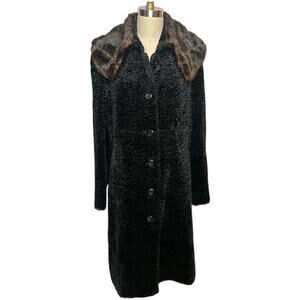 Jones New York Black Faux Lamb Fur Brown Faux Fur Collar Coat Jacket Size L
